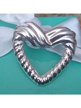 925 Sterling Silver Vintage Mexico Ribbed Large Open Heart Pin Brooch CII